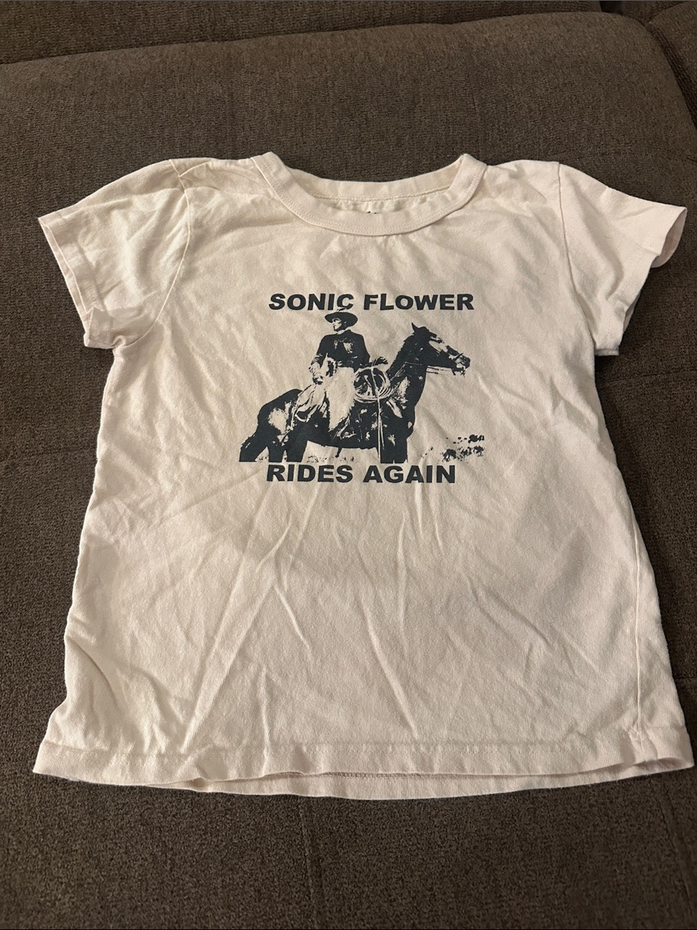 Brandy Melville Beige Tee with Navy 'Sonic Flower Rides Again' Graphic